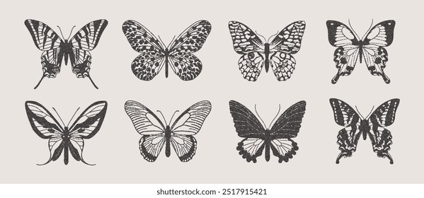 Collection of butterflies with retro photocopy effect. Trendy moths for collage with grunge dotted texture. 