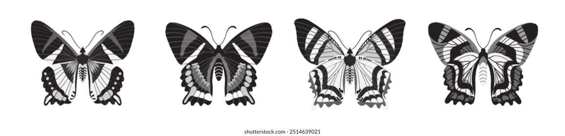 Collection of butterflies with retro print effect in halftone photocopy. Set of vintage vector ink moths.