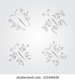Collection of butterflies. Silhouettes butterflies ornament. Butterfly tattoo.