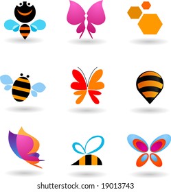 collection of butterfly and bees icons and symbols, vector design