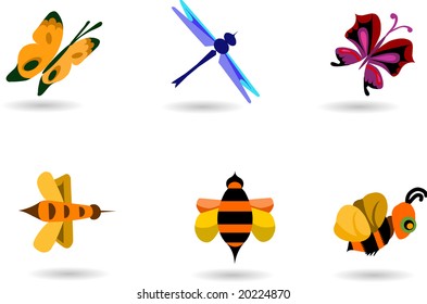 collection of butterfly and bees icons and symbols, vector design