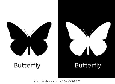 collection of butterfly silhouettes isolated on black and white background.