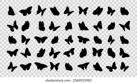 Collection of butterfly silhouettes on transparent background. Vector illustration
