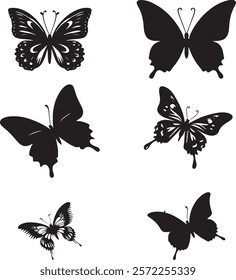 A collection of butterfly silhouettes showcasing diverse shapes and intricate patterns, ideal for art, nature themes, and creative projects. Perfect for emphasizing elegance, freedom, and natural 