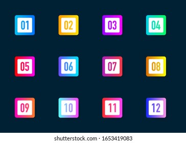 Collection buttons bullet point triangle square flags isolated on dark blue background. Colorful gradient elements. Number from 1 to 12. Vector illustration.