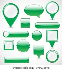 Collection of buttons in different shapes on white background. Vector art.