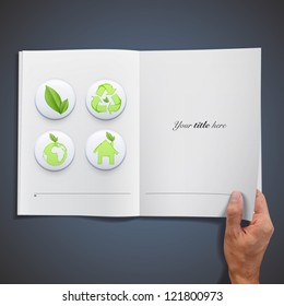 Collection of buttons with ecologic icons inside a book. Vector design.