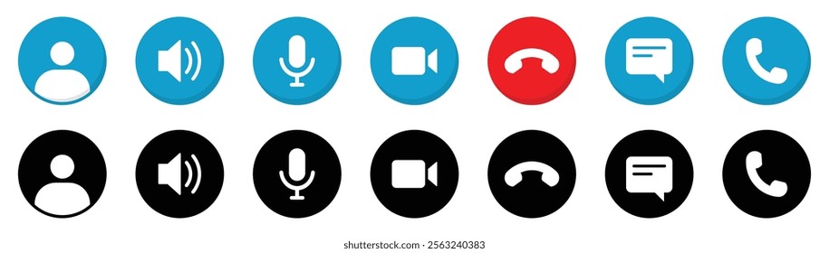 Collection of buttons for the phone call user. Video communication buttons. Avatar, video call, handset, speaker, message, and mute buttons. Interface buttons for mobile connection. Vector icons.