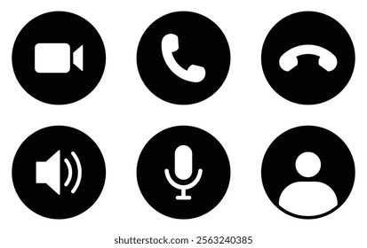 Collection of buttons for the phone call user interface. Video communication buttons isolated. Avatar, video call, handset, speaker, and mute buttons. Interface buttons for mobile connection. Vector