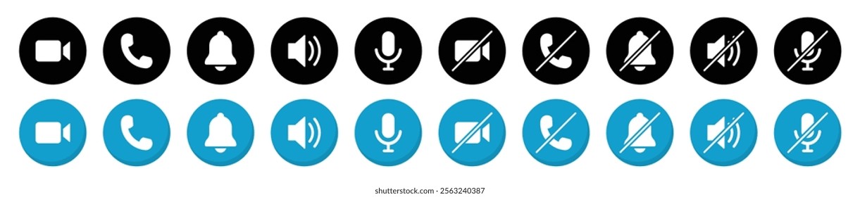 Collection of buttons for the phone call user. Video communication elements. Video call, handset, speaker, message, and mute buttons. Interface buttons for mobile connection. Vector illustration.