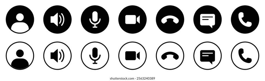 Collection of buttons for the phone call user interface. Video communication buttons. Avatar, video call, handset, speaker, message, and mute buttons. Interface buttons for mobile connection vector.