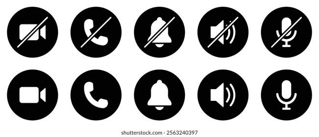 Collection of buttons for the phone call user interface isolated. Video communication elements. Video call, handset, speaker, message, and mute buttons. Interface buttons for mobile connection. Vector