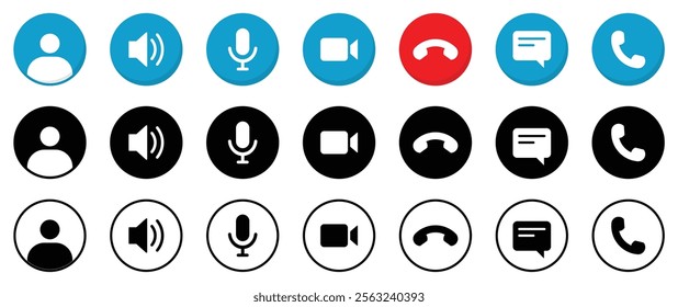 Collection of buttons for the phone call. Video communication buttons. Avatar, video call, handset, speaker, message, and mute buttons. Interface buttons for mobile connection. Vector illustration.