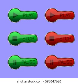 Collection of buttons. the play, stop, and pause. The buttons are stylized glass in a metal frame. Vector illustration.