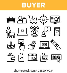 Collection Buyer Elements Signs Icons Set Vector Thin Line. Internet Supermarket On Smartphone And Computer Laptop Monitor And Buyer Shopping Basket Linear Pictograms. Monochrome Contour Illustrations