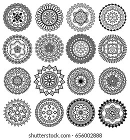 Collection of bw geometric round ethnic decorative elements. Vector mandala.