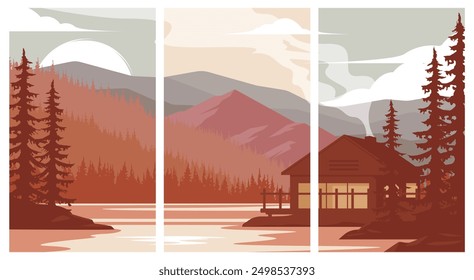 collection of cabin homes with beautiful natural views and serene lake views vintage poster illustration design