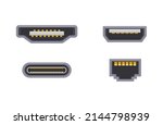 Collection cable connectors adapters USB chargers different shapes isometric icon vector illustration. Set input electronic power audio video device plug various type. PC connection digital equipment