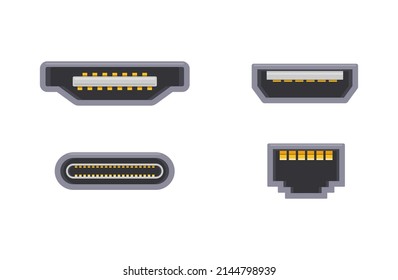 Collection cable connectors adapters USB chargers different shapes isometric icon vector illustration. Set input electronic power audio video device plug various type. PC connection digital equipment