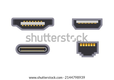 Collection cable connectors adapters USB chargers different shapes isometric icon vector illustration. Set input electronic power audio video device plug various type. PC connection digital equipment