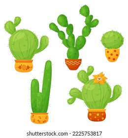 Collection of cacti. Beautiful prickly tropical green cactus in flowerpots. Vector illustration in flat style.