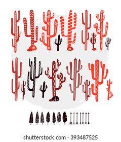 The collection of cacti, feathers and arrows. Vector set of design elements.