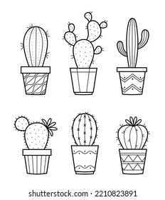 Collection of cacti in pots. Houseplants set in sketch doodle style. Design elements. Isolated vector illustration.