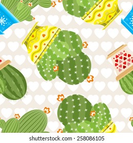 Collection of cacti in their original pots. Vector illustration. Seamless background. Excellent design for wrapping paper, corporate style flower shop and background. 