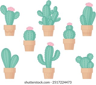 Coleção de Cactus. Cactos decorativos em panela. Ilustração do vetor da planta da casa.