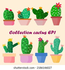 Collection of cactus with flowers on pots. Exotic plants. Natural decorative elements are separated from white.EP.1.Flat, cartoon style. Vector illustration white background. Element design.