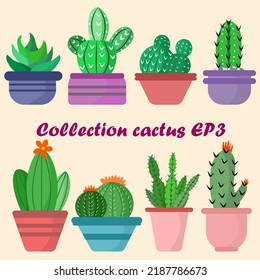 Collection of cactus with flowers on pots. Exotic plants. Natural decorative elements are separated from white.EP.3.Flat, cartoon style. Vector illustration white background. Element design.