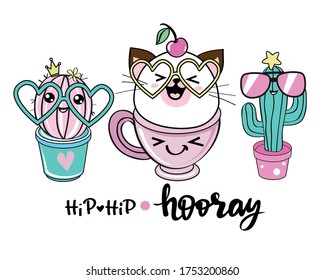 Collection with a cactus in glasses and a kawaii cat and the hip hop horey inscription. Birthday card