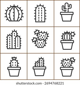 Coleção de ícones de cactos na ilustração minimalista de estilo de arte de linha
