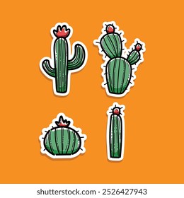 collection of cactus sticker style vector illustration design isolated in orange background, home cute plants, set of cactus