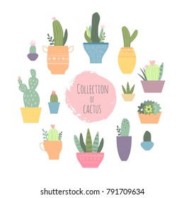 Collection of cactus. Vector set with cute cactuses and succulents in flowerpots. Illustration with home plants in scandinavian style.