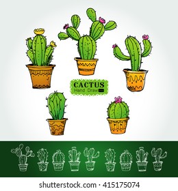 Collection of cactuses in flower pot ,isolate object ,line art from hand drawing from imagination, on white background Vector illustration