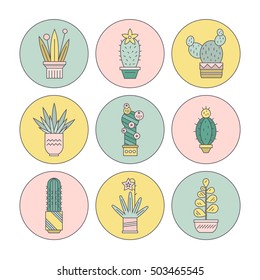 Collection of cactuses or succulents in cute pots - modern and clean vector illustration of plants.