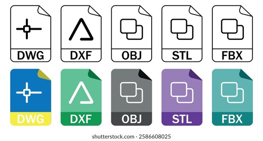 Collection of CAD and 3D file format icons (DWG, DXF, OBJ, STL, FBX) in outline and color styles. Great for architecture, 3D modeling, and engineering projects.