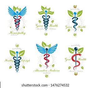 Collection of Caduceus logotypes composed with poisonous snakes and bird wings, healthcare conceptual vector illustrations. Alternative medicine theme.