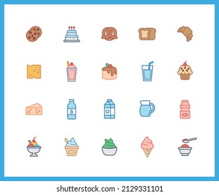 Collection of Cafe color icons. Set of Dessert, Beverage, ice cream symbols drawn with thin contour lines. Vector illustration.