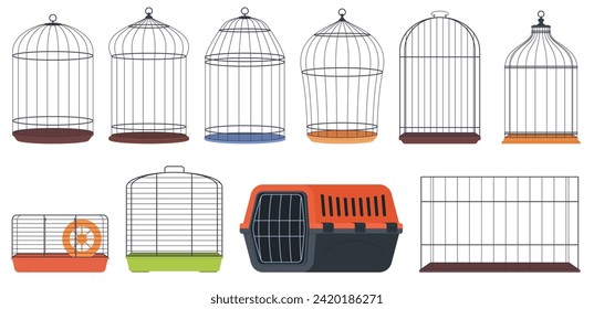 A collection of cages for animals. Maintenance and transportation of pets. Metal wire cages. Vector illustration