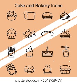 Collection of cake and bakery icons showcasing various baked goods and pastry designs perfect for food themes.