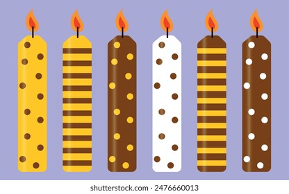 Collection of cake candles with bee pattern. Birthday candles. Vector for postcard, stickers, banner, background.