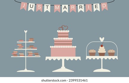 Collection of cake, cupcakes and macaroons in flat style. Confectionery sweet bakery set. Just married celebration. Pastel colors card