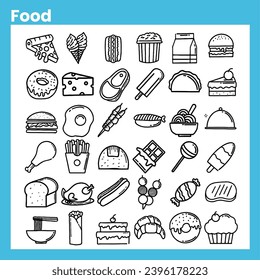 collection of cake and food icons, icons hand drawn in outline style