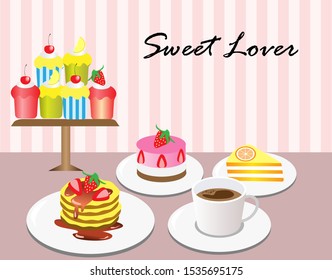 Collection of cakes, cup cakes and pancakes with coffee on table. Isolated on sweet pastel background. Vector Illustration.