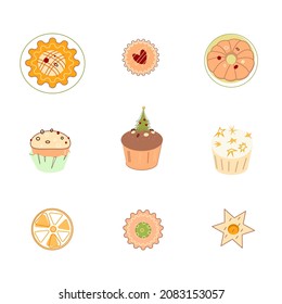 Collection of cakes, cupcakes and bisquits in modern flat style. Traditional Christmas desserts for different nations. 