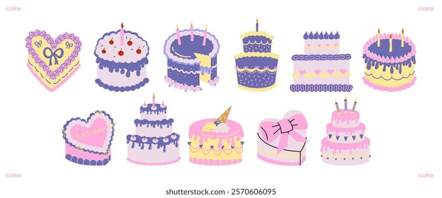 A collection of cakes illustrations in doodle style include candles, cherries, ribbons, and heart motifs, perfect for birthday and celebration designs like cards, invitations, and social media.