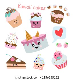 Collection of Cakes kawaii. Different options for cakes, cookies, muffin. Transparent background. Vector