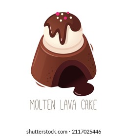 Colección de pasteles, pasteles y postres para todas las letras de alfabeto. Letra M - pastel de lava fundida. Postre de chocolate con centro líquido y ganache de helado en la parte superior. Ilustración vectorial aislada